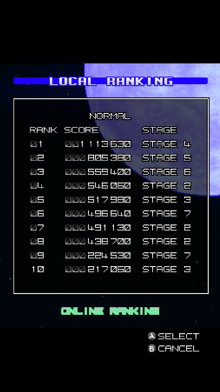Screenshot: Moon Dancer local leaderboards of Arcade mode at Normal difficulty showing the stage-by-stage scoring details